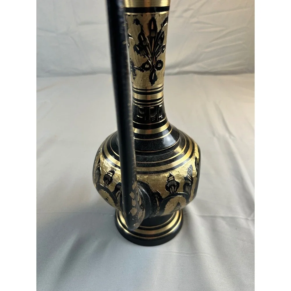 Vintage Brass And Black Etched Surahi Vessel - 18‎ 1/2